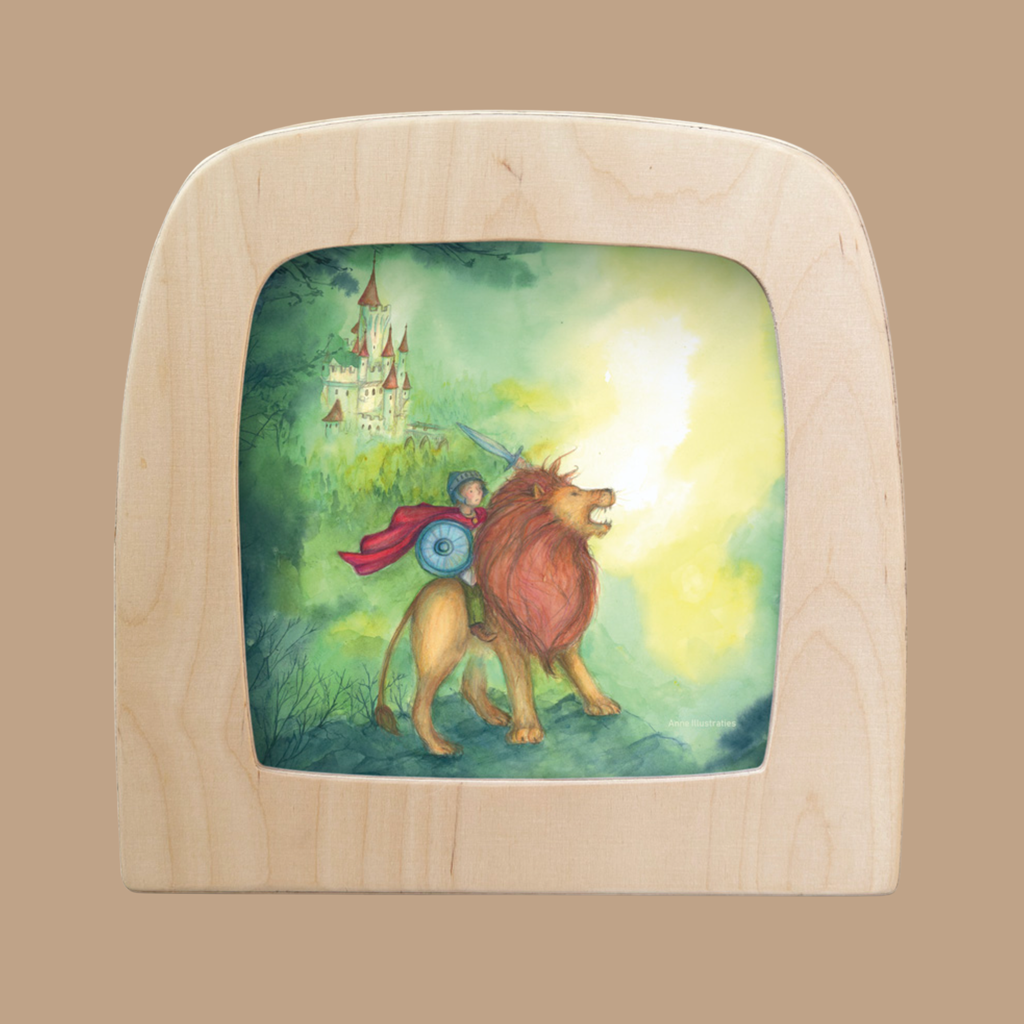 The Knight Silhouette for Toverlux Lamp depicts a knight riding a lion toward a distant castle amid greenery and mist, capturing the magical essence of Magic Silhouettes.