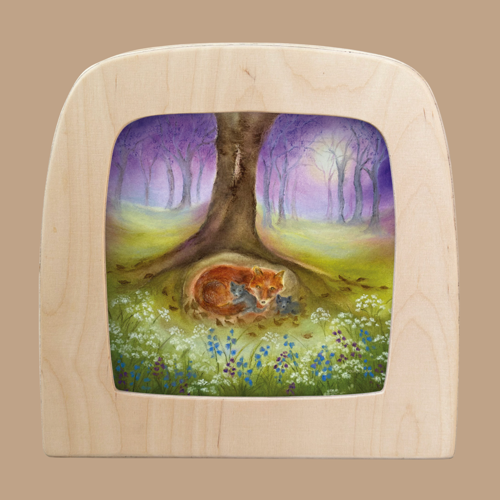 The "Silhouette Only - Little Fox Family for Toverlux Lamp" features the Little Fox Family nestled beneath a tree amid wildflowers, set against a misty purple and green forest, all in enchanting Toverlux style.
