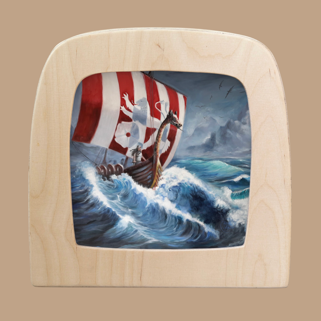 A Viking ship silhouette with a red and white sail and dragon prow sails through blue waves under a cloudy sky with birds above—Silhouette Only - Viking Ship for Toverlux Lamp.
