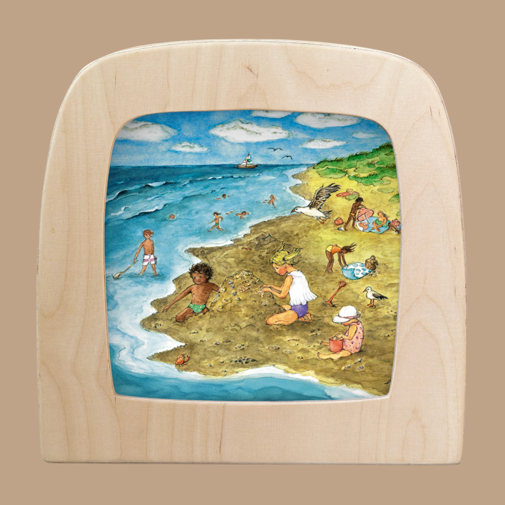Silhouette Only - By the Sea for Toverlux Lamp shows children playing and building sandcastles on the beach with adults nearby, all framed by an arch border—ideal for home decor or adding to your Magic Silhouettes collection.