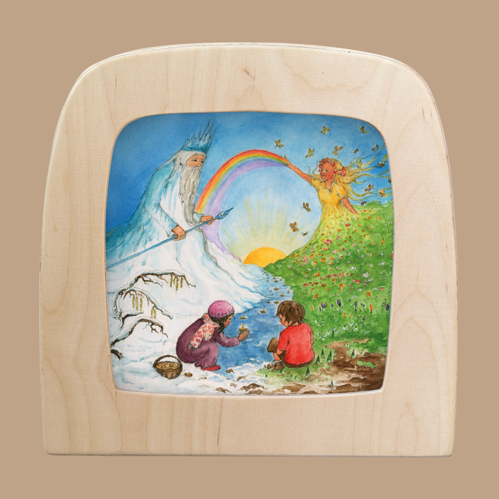 The "Silhouette Only - Candlemas for Toverlux Lamp" features two children between winter and spring scenes, with magical silhouettes—a snowy man and a radiant sun woman—under a rainbow.