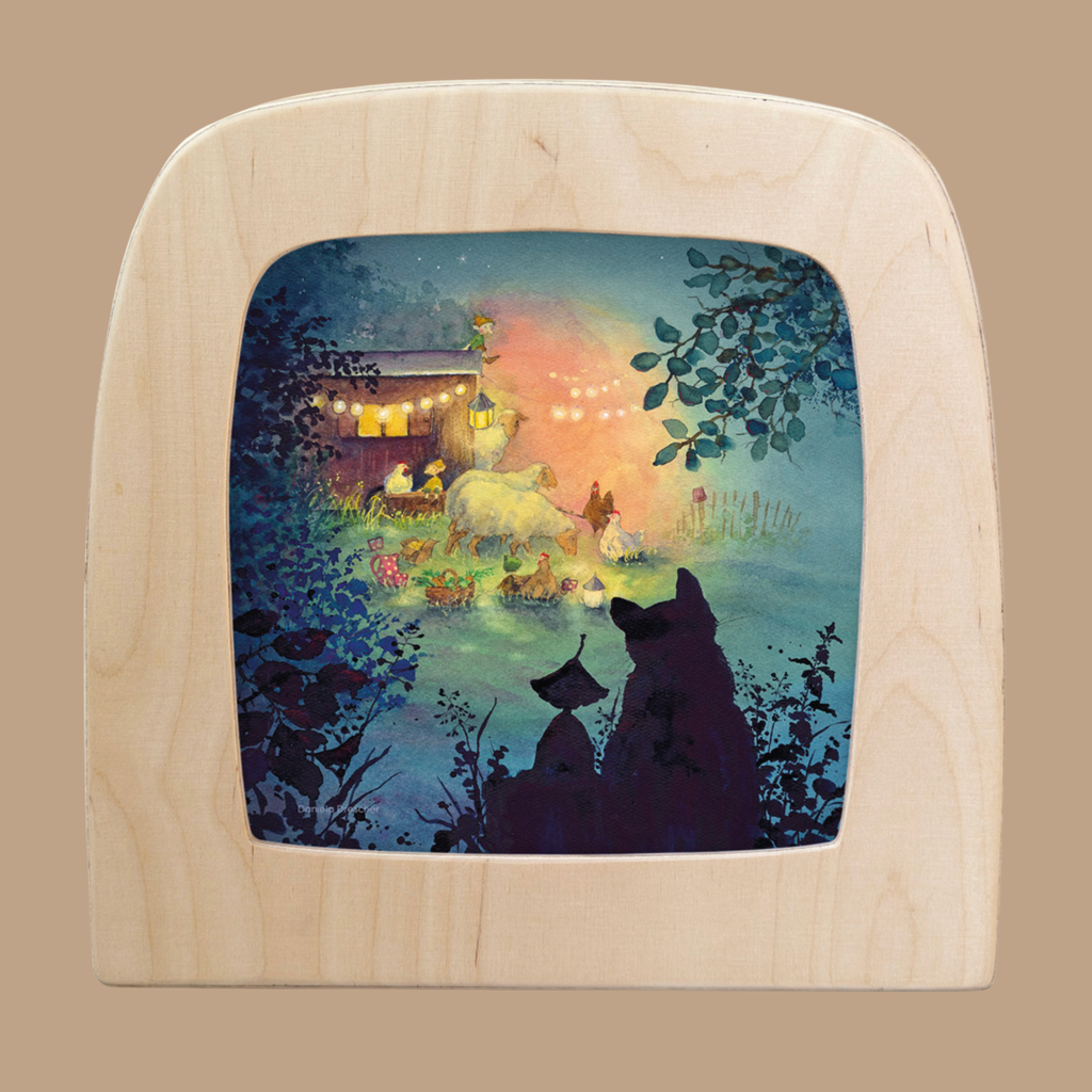 A whimsical light wood-framed "Silhouette Only - Barn Party for Toverlux Lamp" shows animals and children around a softly-lit farmhouse at dusk, with two figures reminiscent of Griswald and the Lucky Sheep in the foreground.