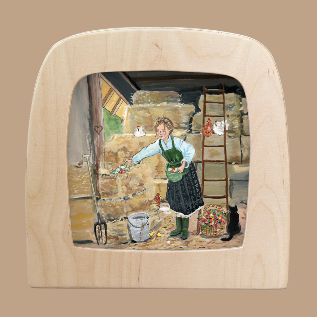 The Silhouette Only - Barn Life for Toverlux Lamp features a woman feeding chickens in a barn, with a bowl, scattered feed, black cat, ladder, pitchfork, buckets, straw and stone walls depicted in this charming scene.
