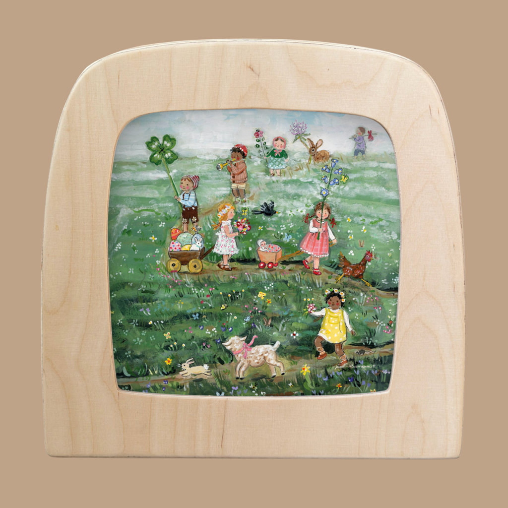 Children play in a grassy field with flowers, animals, balloons, and baskets as a dog and chicken look on. One child pushes eggs in a red wagon—a charming Silhouette Only - Spring Parade for Toverlux Lamp.