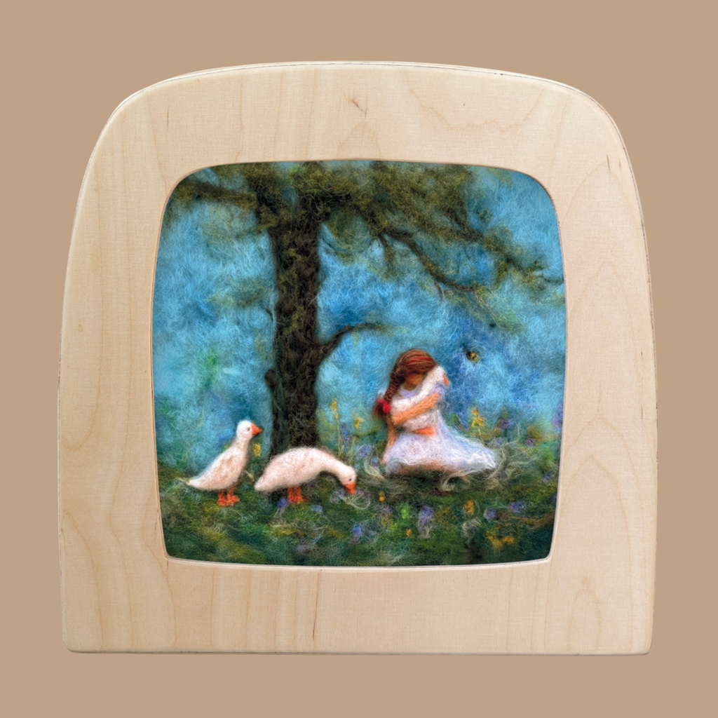 The Silhouette Only - Geese Cuddles for Toverlux Lamp features a girl with long brown hair sitting under a tree with two white geese, grass, and flowers against a blue sky—ideal as translucent home decor.