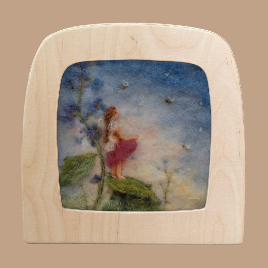 The "Silhouette Only - Little Bee Keeper for Toverlux Lamp" features a fairy with brown hair and a pink dress standing on a leaf, looking up at bees in a blue sky—a charming detail to enhance your home decor.