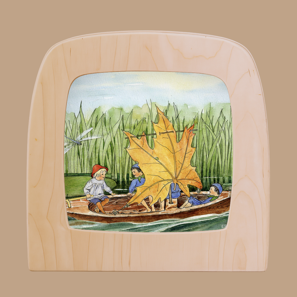A whimsical silhouette of four children and a leaf sail boat, inspired by Peter in Blueberry Land, designed for the Toverlux Lamp—perfect for adding charm and fantasy to your space.