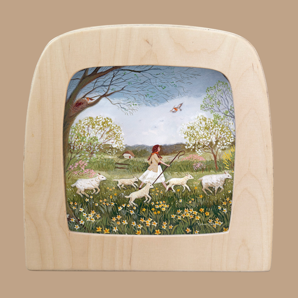 Silhouette Only - Green Pastures for Toverlux Lamp features a Robin Pieterse illustration of a girl herding four sheep through wildflowers, with trees, a bird, and hills—perfect for adding enchantment to your home decor.