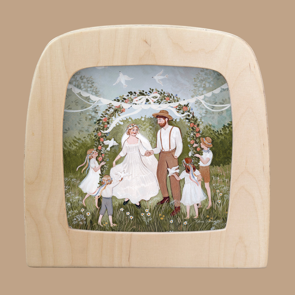 A painted wooden frame, "Silhouette Only - Promise for Toverlux Lamp," features a bride and groom under a floral arch with five children, doves, and flowers—ideal as translucent Magic Silhouettes-inspired home decor.