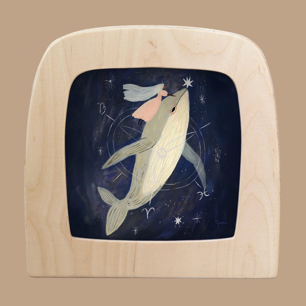 A whimsical illustration of a girl in a pink dress riding a whale silhouette through a starry sky with zodiac constellations—Silhouette Only - Whale for Toverlux Lamp, a dreamy addition to your Magic Silhouettes collection.