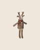 The PRE-ORDER: Maileg Reindeer, Father features brown antlers, a gray linen body, beige face, furry vest, and red and black plaid scarf. This stuffed animal stands upright against a plain light background. Estimated arrival early November.