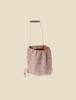 The Maileg Trolley, Multi dots - Rose, is a small washable trolley made of beige linen with rose and light brown polka dots, white wheels, and a simple handle, shown against a plain beige background.