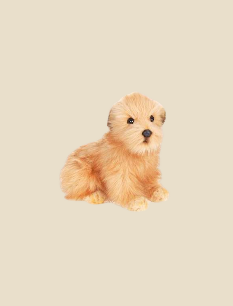 Illustration of a Terrier Pup Stuffed Animal with shiny eyes sitting against a pale beige background, resembling realistic stuffed animals.
