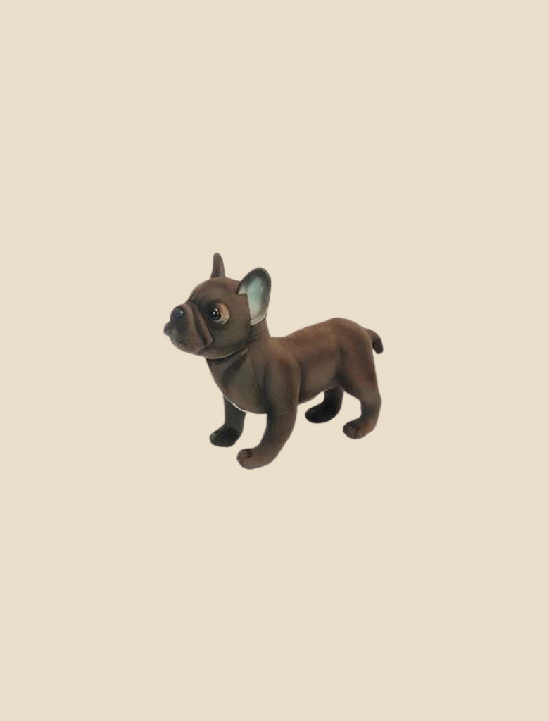 Illustration of a cute brown French bulldog puppy stuffed animal with large ears, crafted from high-quality materials, standing and looking upwards, on a plain light background.