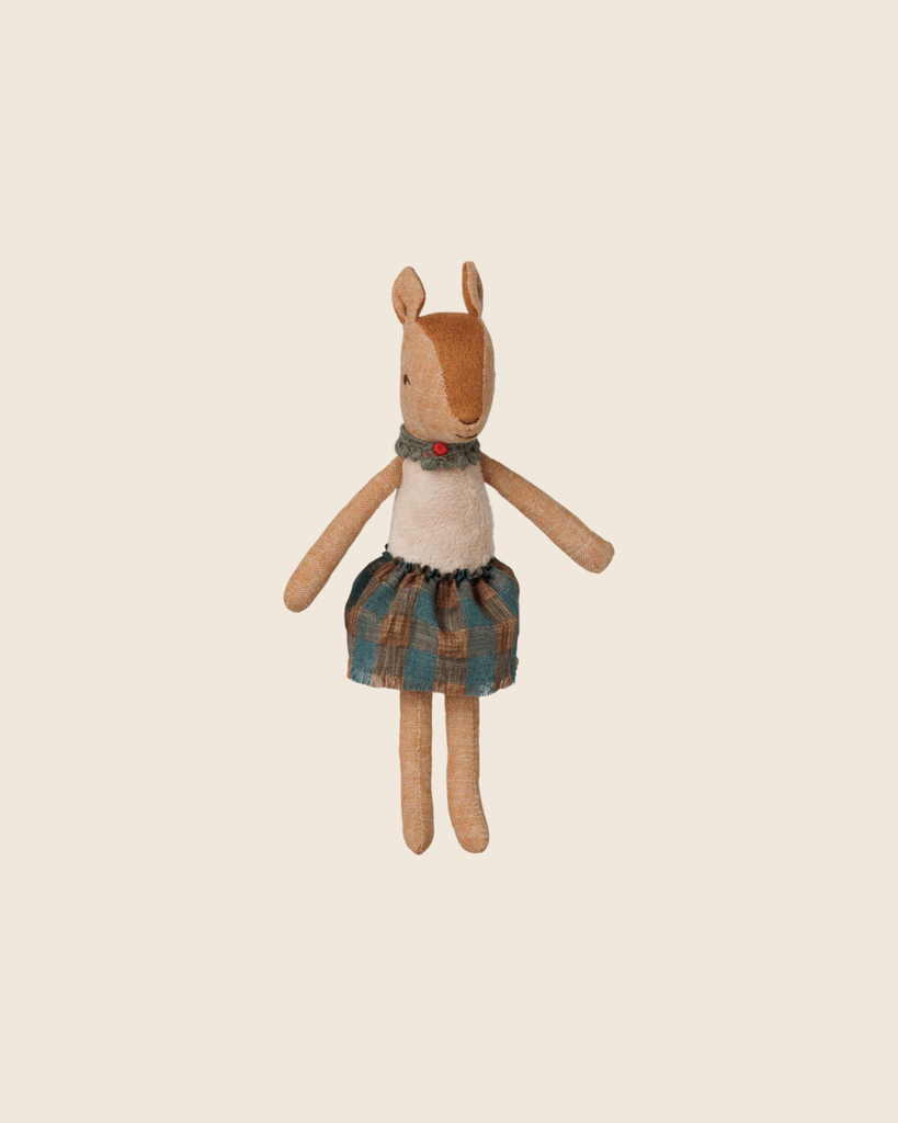 PRE-ORDER: Maileg Reindeer, Mother—A plush soft toy designed as a reindeer in a blue and brown plaid skirt and ruffled collar with a red button, shown against a plain light background. Estimated arrival: Early November.