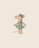 The PRE-ORDER: Maileg Ballerina Mouse, Little Sister - Vintage Mint features a small mouse doll in a green tulle tutu and matching headpiece, standing upright against a plain beige background. Estimated arrival mid September.