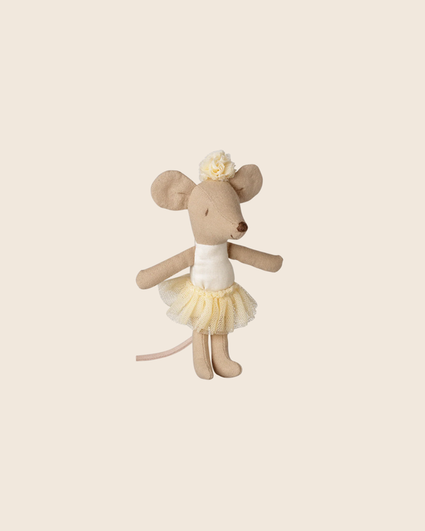 The PRE-ORDER: Maileg Ballerina Mouse, Little Sister - Off White (Estimated Arrival Mid September) features a cute ballerina mouse upright on a plain beige background, dressed in an off white tutu and matching flower headband.