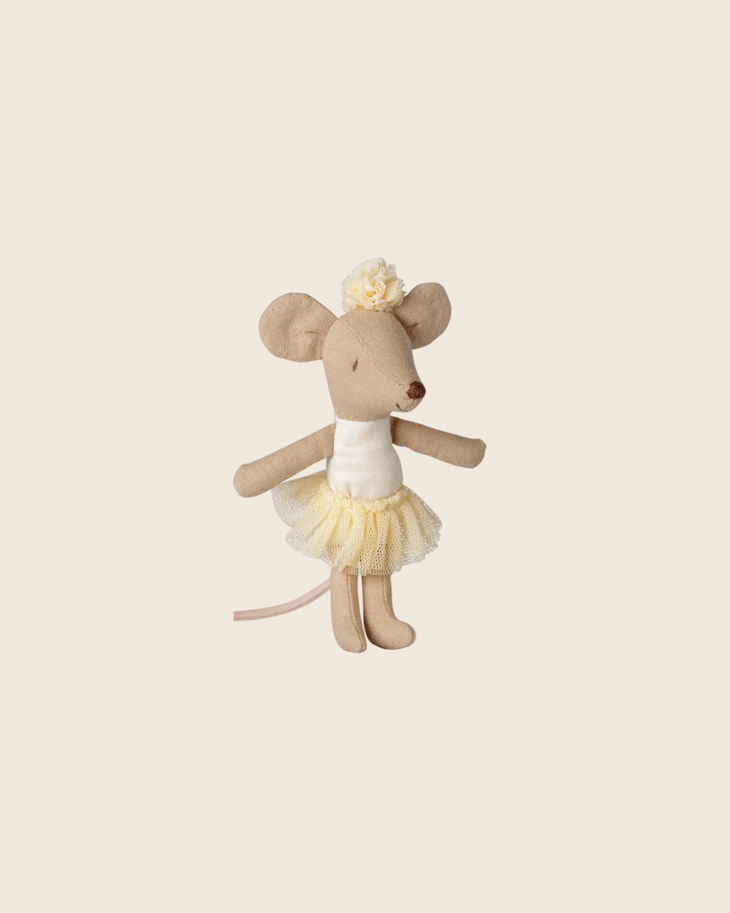 The PRE-ORDER: Maileg Ballerina Mouse, Little Sister - Off White (Estimated Arrival Mid September) features a cute ballerina mouse upright on a plain beige background, dressed in an off white tutu and matching flower headband.