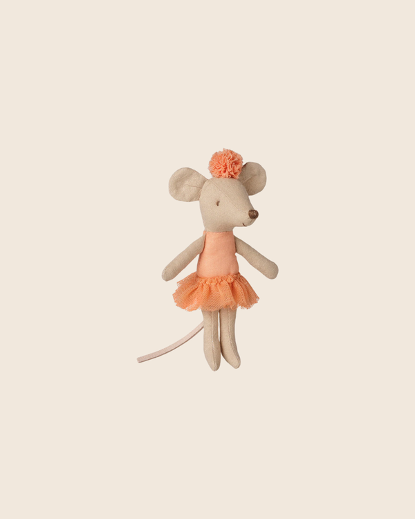 The PRE-ORDER Maileg Ballerina Mouse, Little Sister - Apricot features a small light brown mouse in an apricot tutu and headband, shown on a plain beige background. Estimated arrival: mid September.