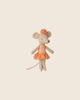 The PRE-ORDER Maileg Ballerina Mouse, Little Sister - Apricot features a small light brown mouse in an apricot tutu and headband, shown on a plain beige background. Estimated arrival: mid September.