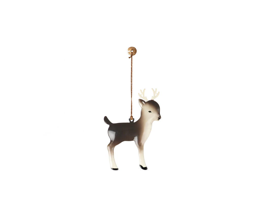 The Maileg Metal Ornament - Bambi Deer, Black features a small, decorative deer with antlers hanging from a thin brown string against a plain white background.