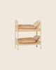 The PRE-ORDER: Maileg Bunk Bed, Mouse - Wheat features a compact cream-colored metal frame with two mustard mattresses, each with a pillow and blanket—perfect for sleepover play. Estimated arrival mid August. Set on a plain beige background.