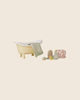 The PRE-ORDER: Maileg Bathtub Set, Mouse - Yellow includes a miniature yellow clawfoot tub with towel, sponge, scrubbing brush, rubber duck, bath bottle, and polka-dot shower cap—a charming pretend play bath set for kids. Estimated arrival mid October.