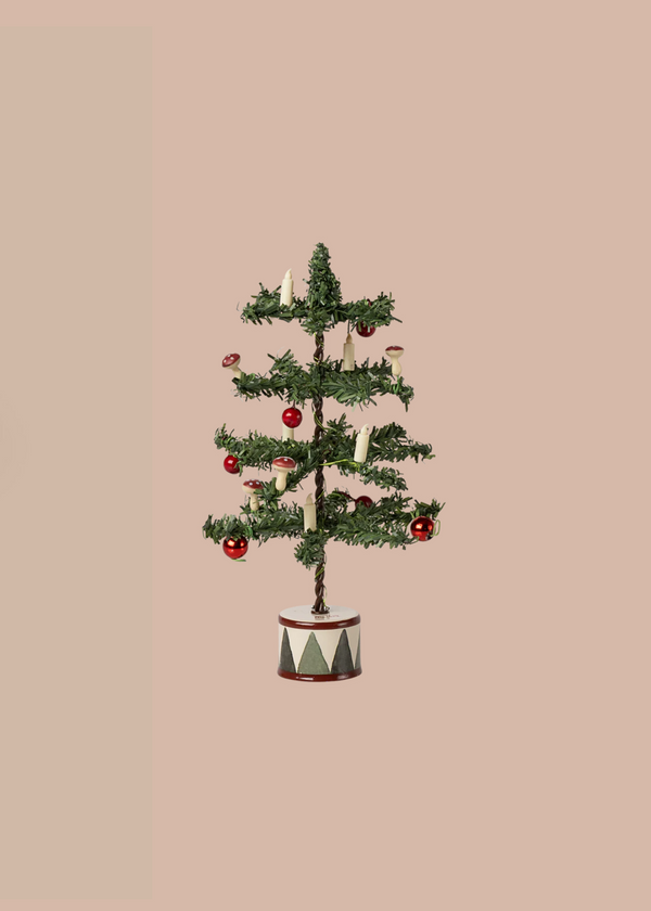 The PRE-ORDER: Maileg Christmas Tree, Mouse Size (Approx. Ship Date: Early October) features a small LED tree with red ornaments and candles in a round pot—a charming addition to your Gingerbread House or festive table décor.
