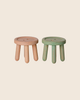 The PRE-ORDER Maileg Stool Set, Mouse, in light rose and light mint, features two small stools displayed side by side on a plain, light background. Estimated arrival is mid July.