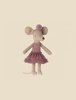 A Maileg Ballerina Mouse - Big Sister (Heather) wearing a pink ballet tutu and a matching pom-pom hat, standing upright against a light beige background.