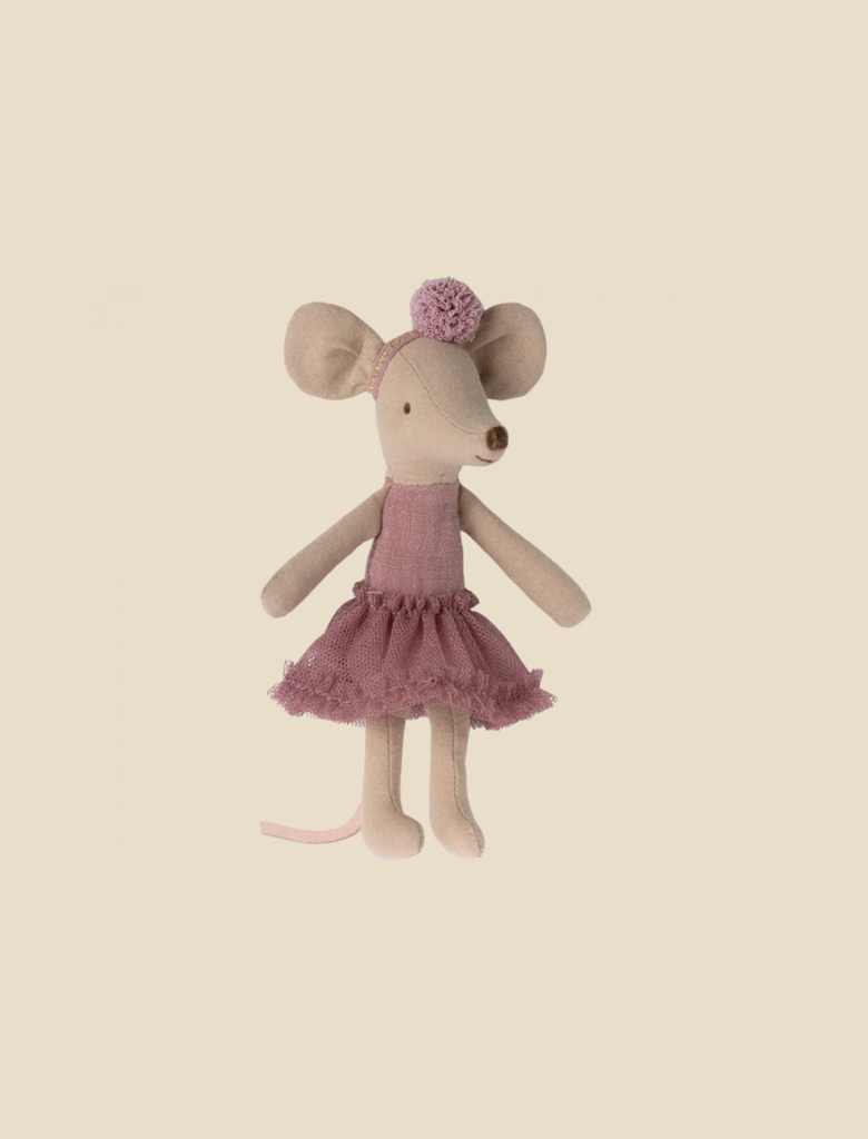 A Maileg Ballerina Mouse - Big Sister (Heather) wearing a pink ballet tutu and a matching pom-pom hat, standing upright against a light beige background.