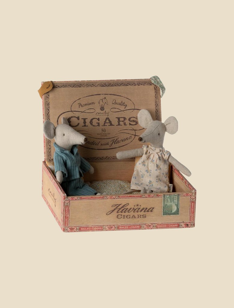 Two Maileg Mum & Dad Mice in Cigar Box, sitting inside an open cigar box bed with vintage-style branding and design.
