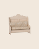 PRE-ORDER: Maileg Kitchen Bench, Mouse - Light Sand features a vintage-style design with a scalloped backrest and cream floral cushions, shown against a plain beige background. Estimated arrival mid September.