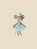A Maileg Ballerina Mouse - Little sister (Light Mint) wearing a teal tutu and a matching headband against a plain beige background. The mouse has long limbs and stands upright.