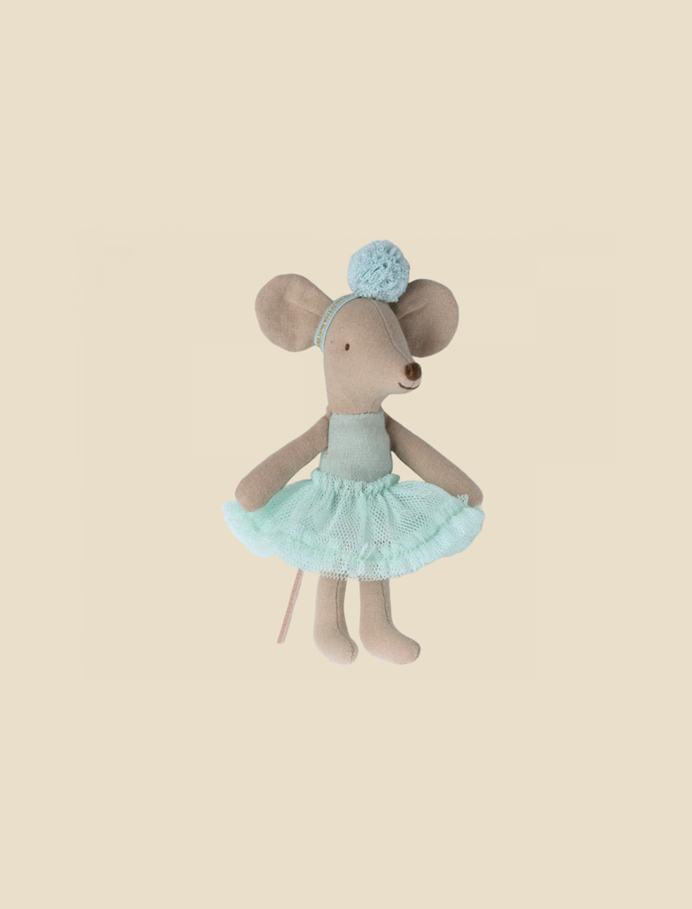 A Maileg Ballerina Mouse - Little sister (Light Mint) wearing a teal tutu and a matching headband against a plain beige background. The mouse has long limbs and stands upright.