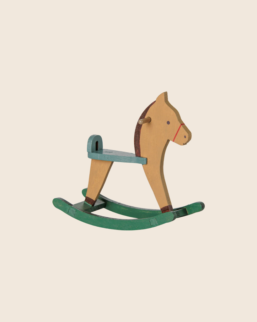 The PRE-ORDER: Maileg Rocking Horse, Mouse - Light Brown (estimated arrival early September) features a charming light brown design, perfect for collectors and children, shown against a simple beige background.