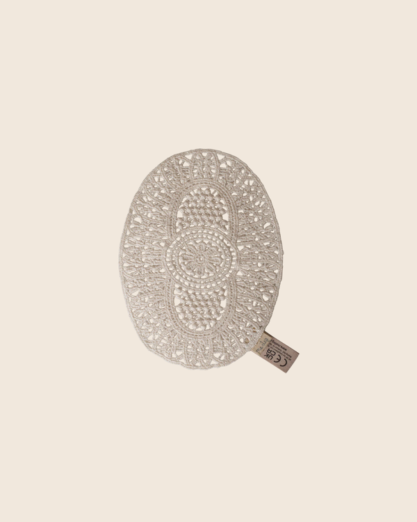 PRE-ORDER: Maileg Lace Rug, Mouse—an oval, intricately crocheted off-white lace rug with fabric tag. Ideal for dollhouse decor or as a small accessory. Displayed on a beige background. Estimated arrival mid September.