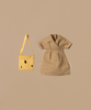 Dress up your Maileg Mum Mouse in style with the Maileg Mum Mouse in Queen Dress with Stand—featuring a plaid dress, yellow Swiss cheese-inspired felt purse, and stand, all displayed on a beige background.