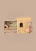 PRE-ORDER: Maileg Princess and The Pea, Big Sister Mouse features a princess mouse in a pink dress beside an open toy castle with stacked bedding, pillow, and small chandelier inside. Estimated ship date: mid November. Background is solid beige.