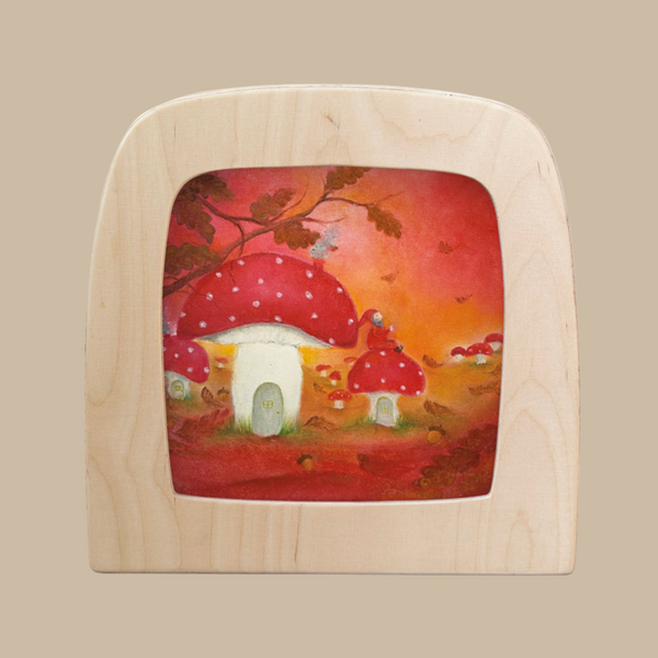 The "Silhouette Only - Red Autumn for Toverlux Lamp" features magical red and white mushroom houses in a warm autumn scene with trees and falling leaves, perfect for adding whimsical charm to your home decor.