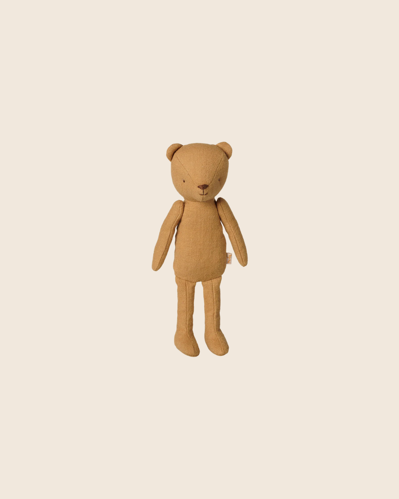 The PRE-ORDER: Maileg Teddy Mum - Cream Yellow (Estimated Arrival Mid November) is a charming vintage-style teddy bear in soft cream yellow fabric, featuring stitched details and standing upright against a light beige background.