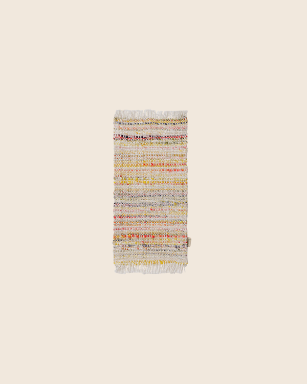 PRE-ORDER: Maileg Rug, Miniature, Medium - Multi Stripe—a small rectangular woven rug with multicolored stripes and fringed edges, perfect as a vibrant living room accent. Estimated arrival mid September.