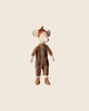 PRE-ORDER: Maileg Mouse, Medium - Overall and Sweater. This cuddly cotton plush stands upright in a soft sweater, brown knit hat with ears, striped brown jumpsuit, and brown shoes. Estimated arrival: Early November.