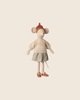 The PRE-ORDER: Maileg Mouse, Medium - Skirt and Sweater features a cotton mouse in a knitted sweater, blue floral skirt, rust hat, and brown shoes, posed against a plain beige background. Estimated arrival early November.