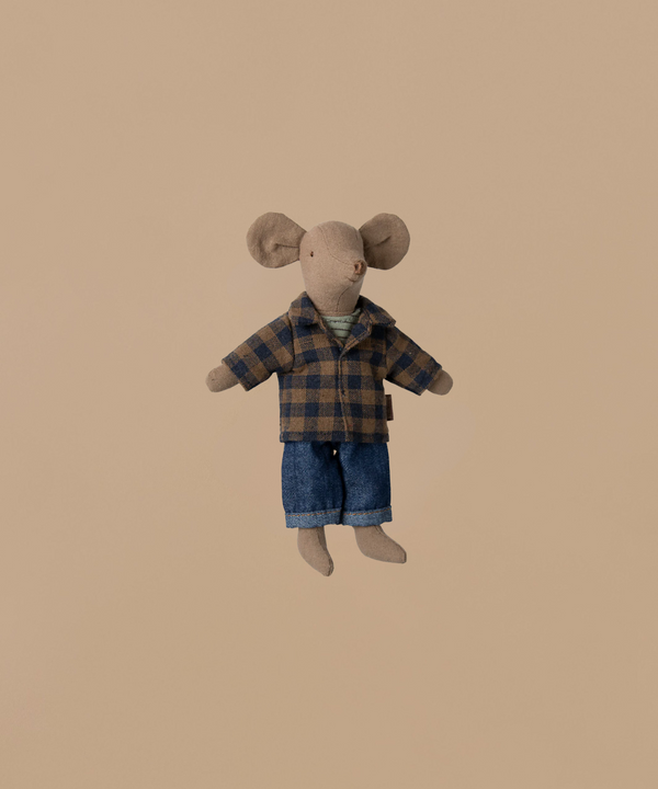 The Maileg Dad Mouse - Light Brown, dressed in a plaid jacket, checked shirt, and denim shorts, stands against a plain beige background. This charming stuffed toy has round ears and a simple stitched face, making it perfect for any child's collection. Ships in one week.