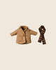 The PRE-ORDER: Maileg Jacket and Scarf - Medium Mouse features a tan wool jacket with a large front pocket and button, alongside a narrow brown plaid scarf, all displayed on a neutral background. Estimated Arrival Early November.