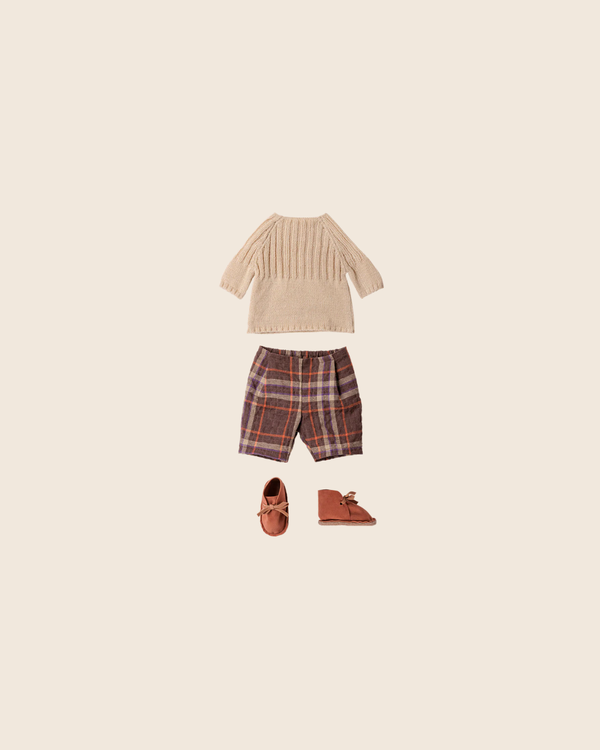 Flat lay of the Maileg Pants and Knitted Sweater, Size 4 - Off White (PRE-ORDER, arriving early November), styled on a light beige background.