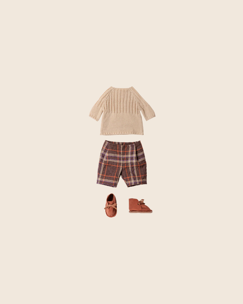 Flat lay of the Maileg Pants and Knitted Sweater, Size 4 - Off White (PRE-ORDER, arriving early November), styled on a light beige background.