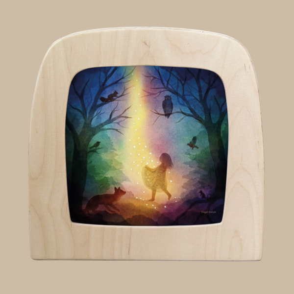 The "Silhouette Only - Star Money for Toverlux Lamp" features a whimsical translucent artwork of a girl in a glowing forest with trees, birds, an owl, and a fox—perfect as magical home decor with vibrant, colorful lamp lighting.