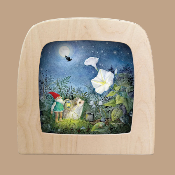 Illuminate your space with the Silhouette Only - The Moonflower Silhouette for Toverlux Lamp, featuring a captivating illustration of a gnome and white mouse holding a lantern beside large white flowers under a starlit, moonlit sky with a soaring black bird—an enchanting piece of home decor to add Magic Silhouettes to any room.